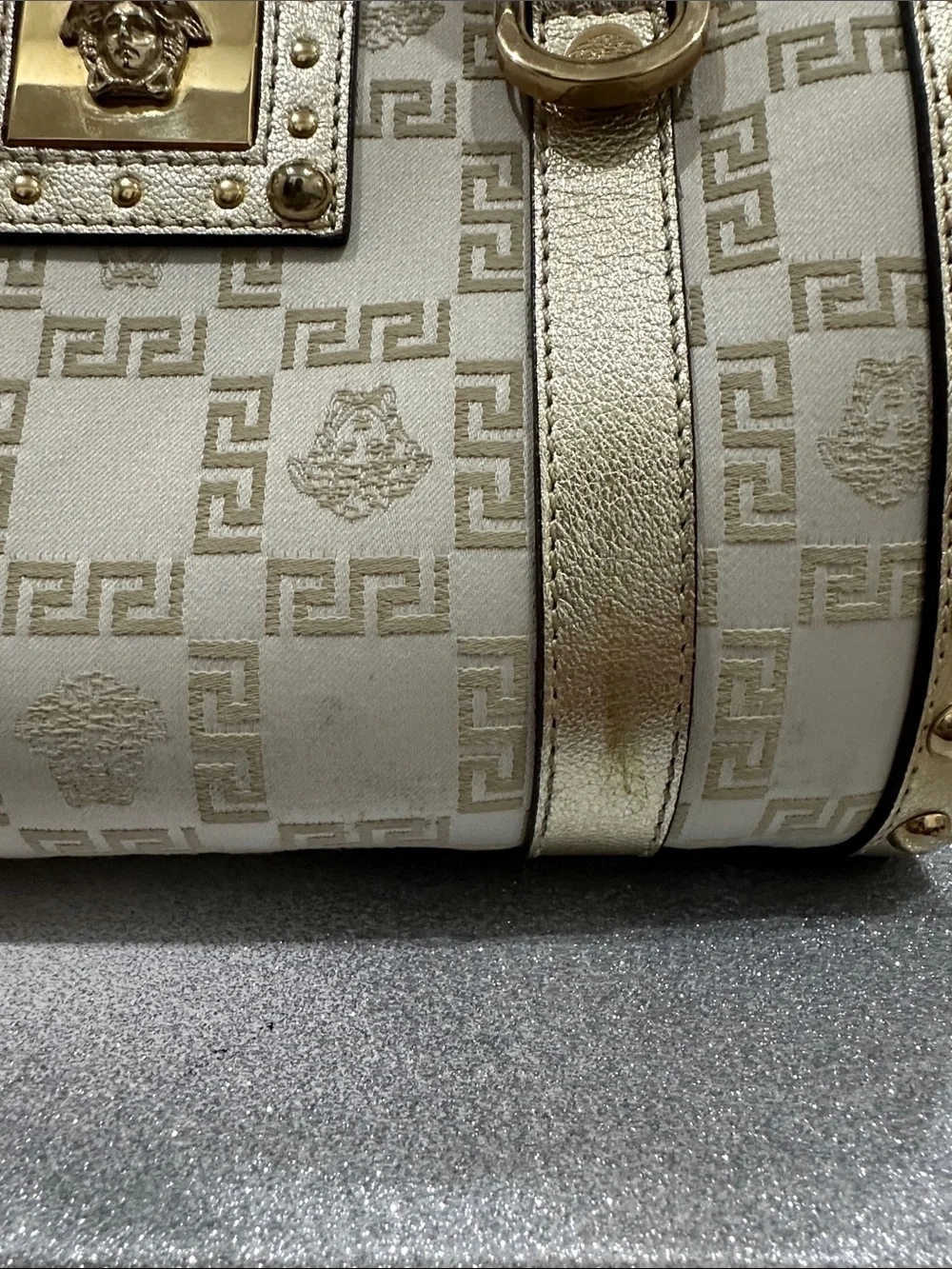 VERSACE Gold and Cream Logo Medusa & Greek key chain Satchel Handbag w/ lock-key